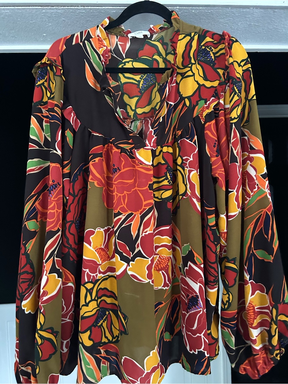 ODDY Floral Blouse in Red, Yellow, Olive & Black